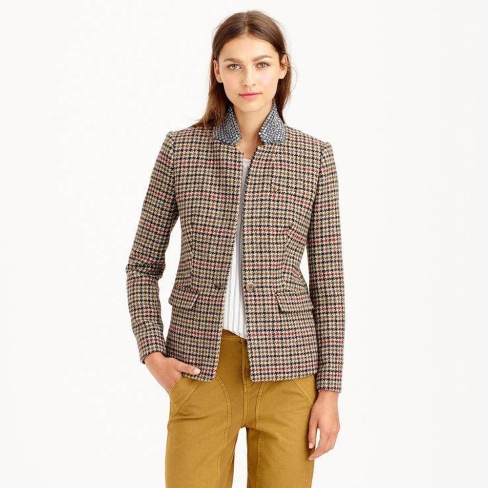 J.Crew Regent Blazer Size 6 Houndstooth Rhinestone Gem Collar Wool Jacket Preppy - Picture 2 of 10